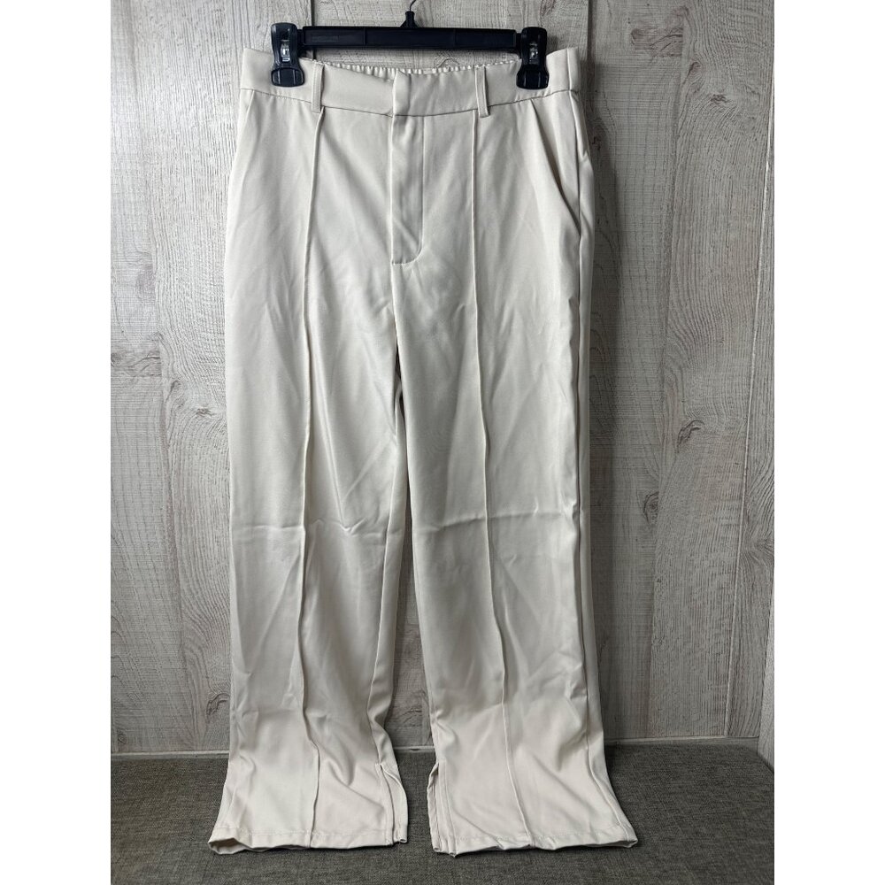 Womens Petite Large High Waisted Trousers Pants Beige Straight Leg w/ Slits